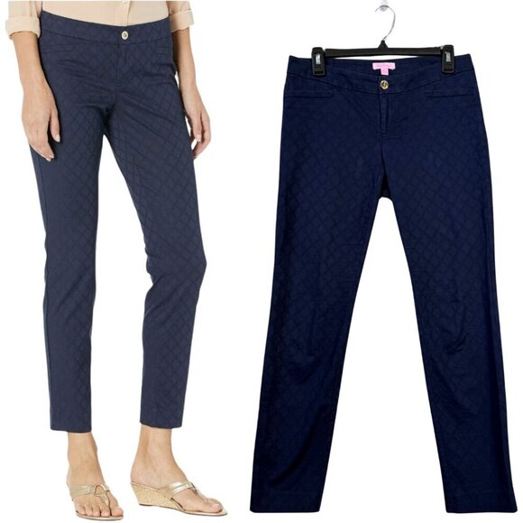 Lilly Pulitzer Kelly Textured Skinny Pants Women's 2 Navy Blue Ankle Preppy Chic - Picture 1 of 12